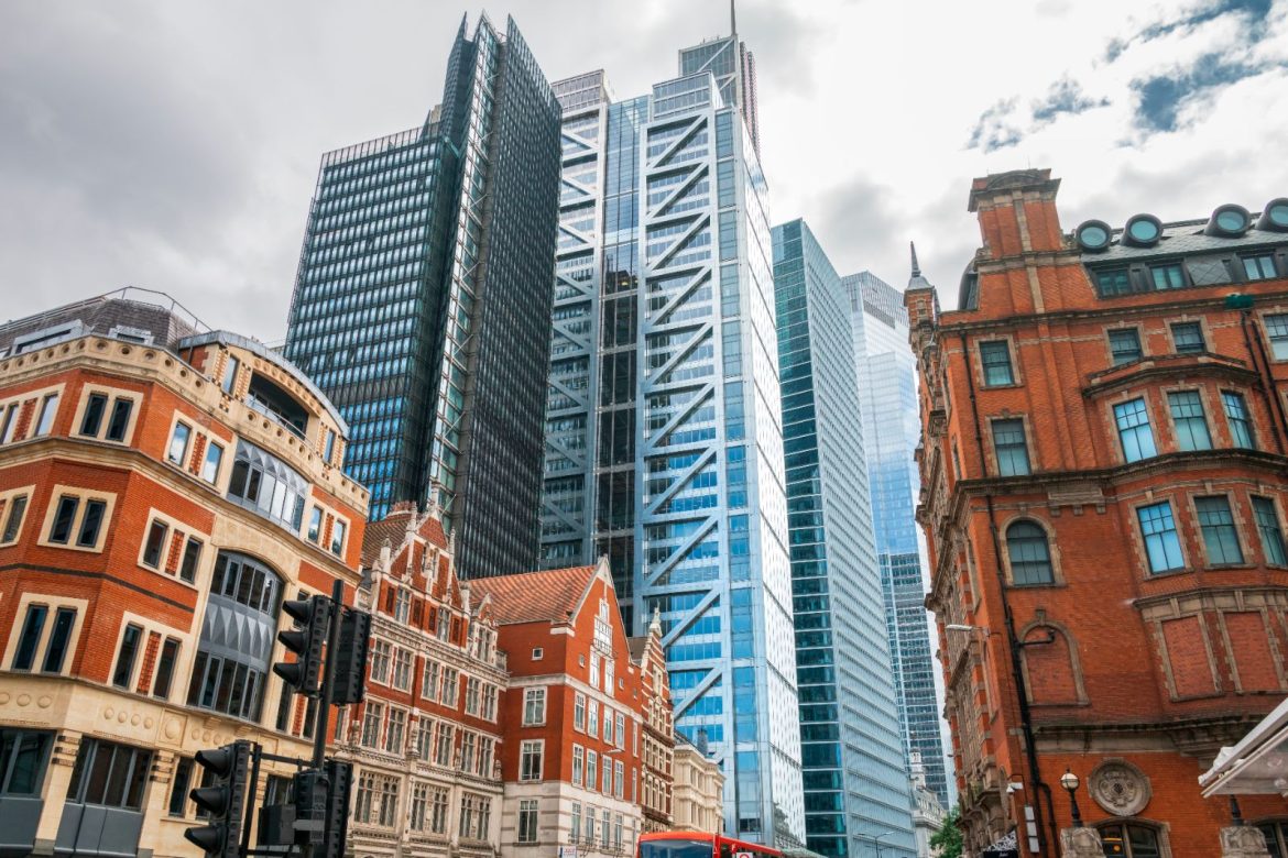 Modern office towers in the City of London on a clear day